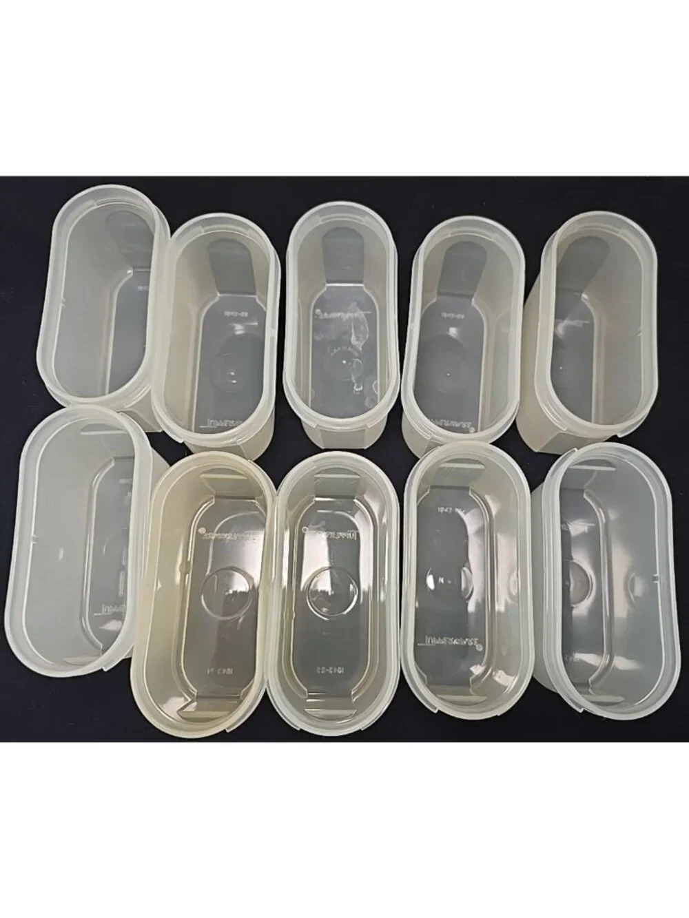 Vtg USA 10 Tupperware Spice Containers Kitschy Small Clear 1843 & Pink lids 1844